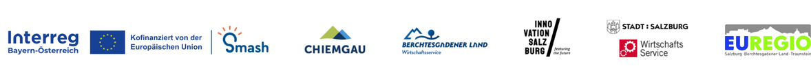 Gefördert von Interreg Bayern-Österreich, kofinanziert von der Europäischen Union. Weitere Partner: SMASH, Chiemgau, Berchtesgadener Land Wirtschaftsservice, Innovation Salzburg, Stadt Salzburg Wirtschaftsservice, EUREGIO Salzburg-Berchtesgadener Land-Traunstein.